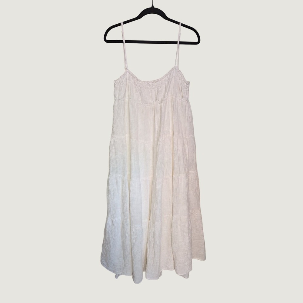Zara Boho Beach Crinkle Gauze Tiered Midi Dress 100% Cotton White Large